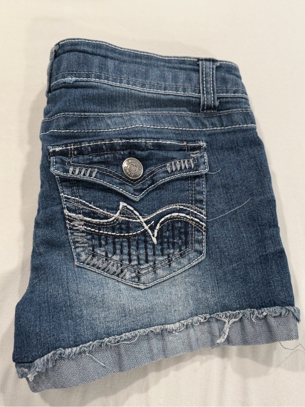 Wallflower Dark Blue Denim Jean Shorts with Frayed Hem